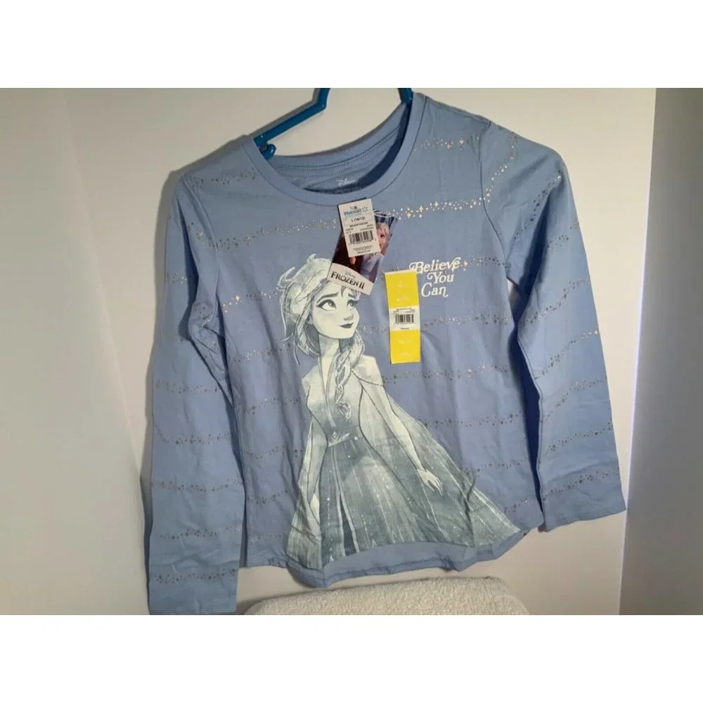 Disney Frozen Elsa Blue Long Sleeve Shirt Size L 10-12 (Believe you Can) - Picture 2 of 5